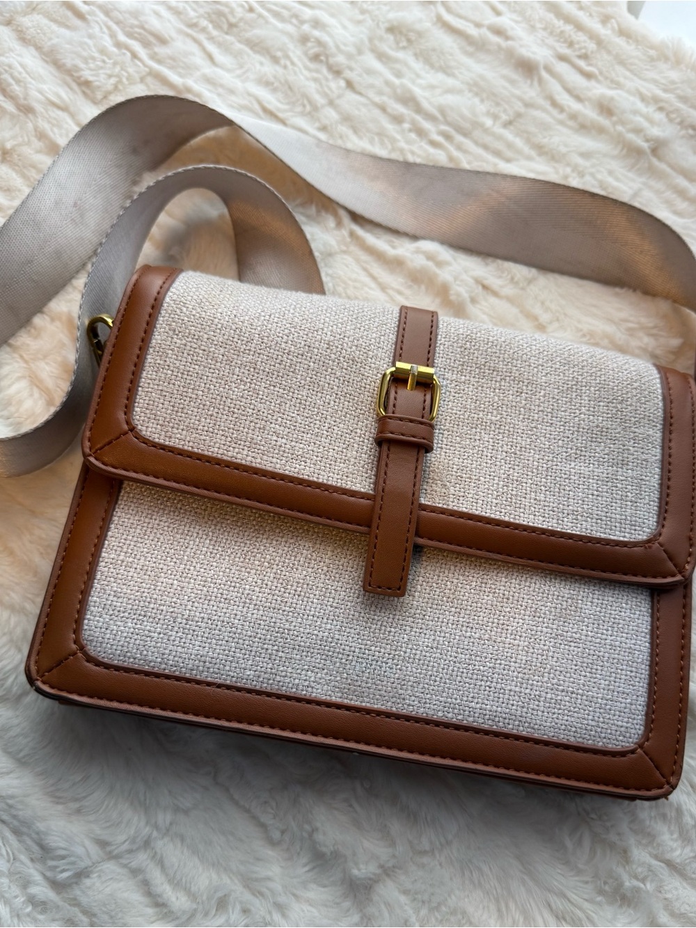 Joe Fresh Crossbody Bag – Cream Woven & Cognac Brown